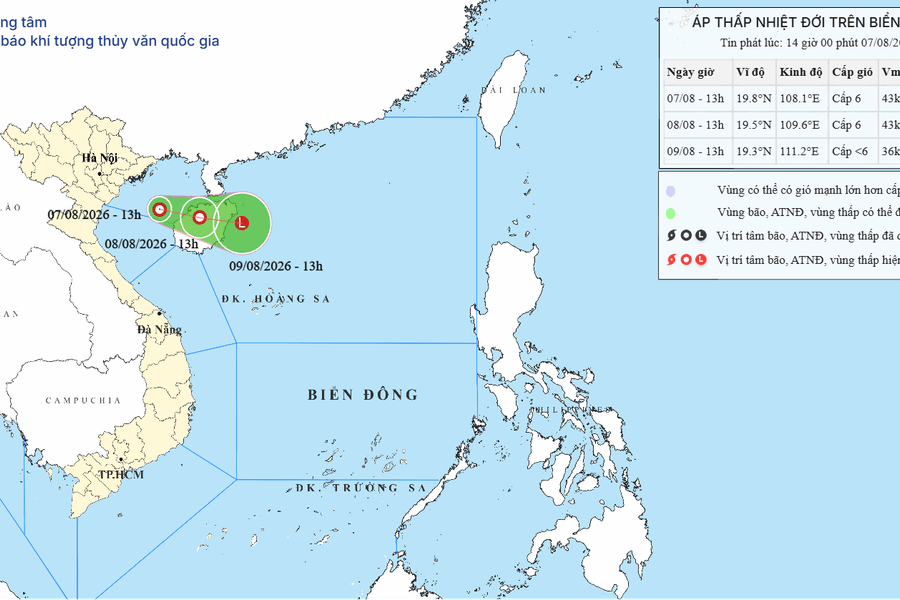 Áp thấp nhiệt đới trên Biển Đông ngày 07/08/2026: Vịnh Bắc Bộ gió giật cấp 8, biển động