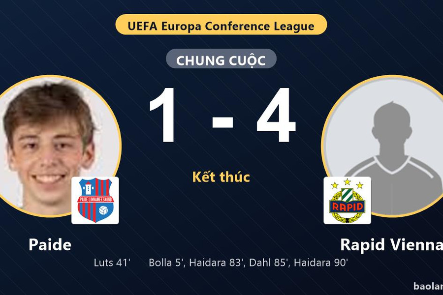 Rapid Vienna thắng đậm, Paide sụp đổ ở vòng loại Conference League