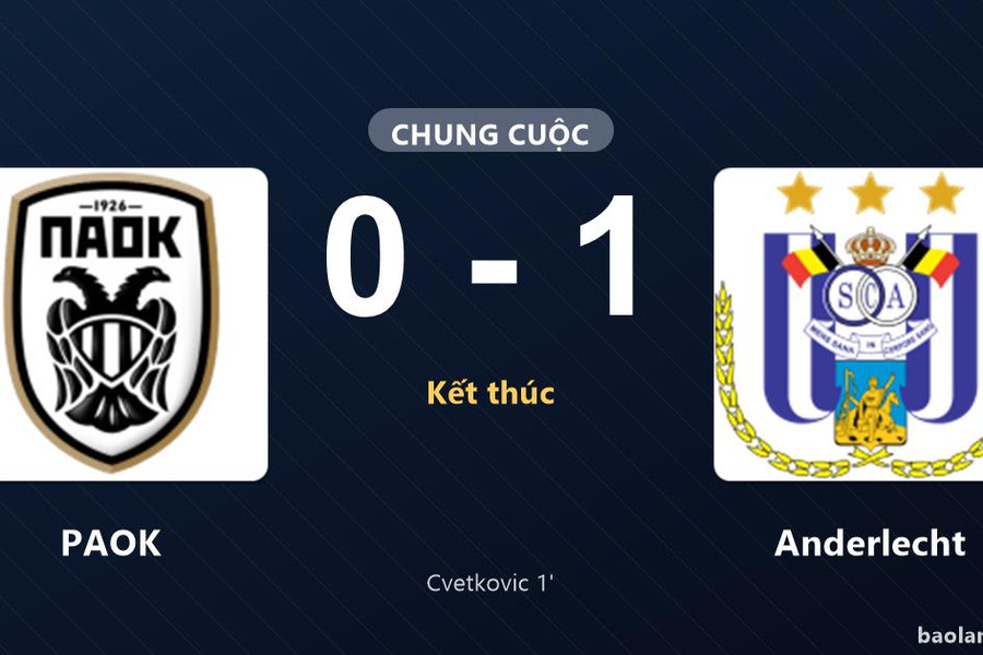 Thống kê trận đấu PAOK 0-1 Anderlecht: Mihajlo Cvetkovic tỏa sáng, Anderlecht giành trọn 3 điểm
