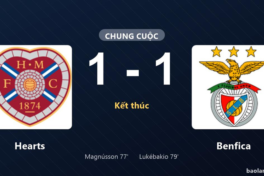 Thống kê trận đấu Hearts 1-1 Benfica: Hai đội chia điểm