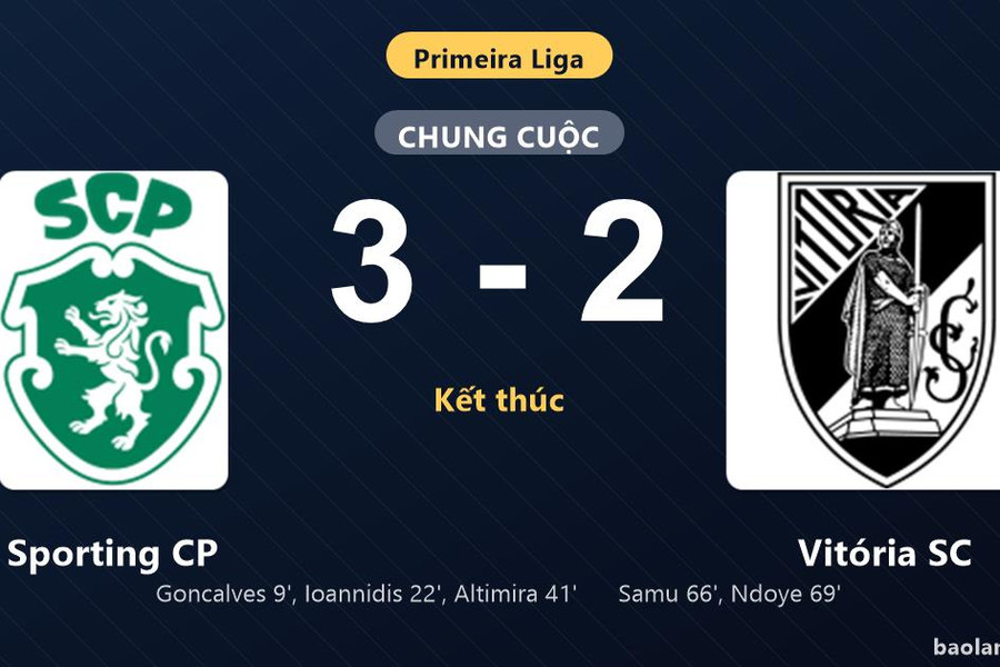 Thống kê trận đấu Sporting CP 3-2 Vitória SC: S. Altimira tỏa sáng, Sporting CP giành trọn 3 điểm
