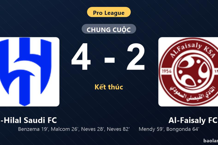 Thống kê trận đấu Al-Hilal Saudi FC 4-2 Al-Faisaly FC: R. Neves tỏa sáng, Al-Hilal Saudi FC giành trọn 3 điểm