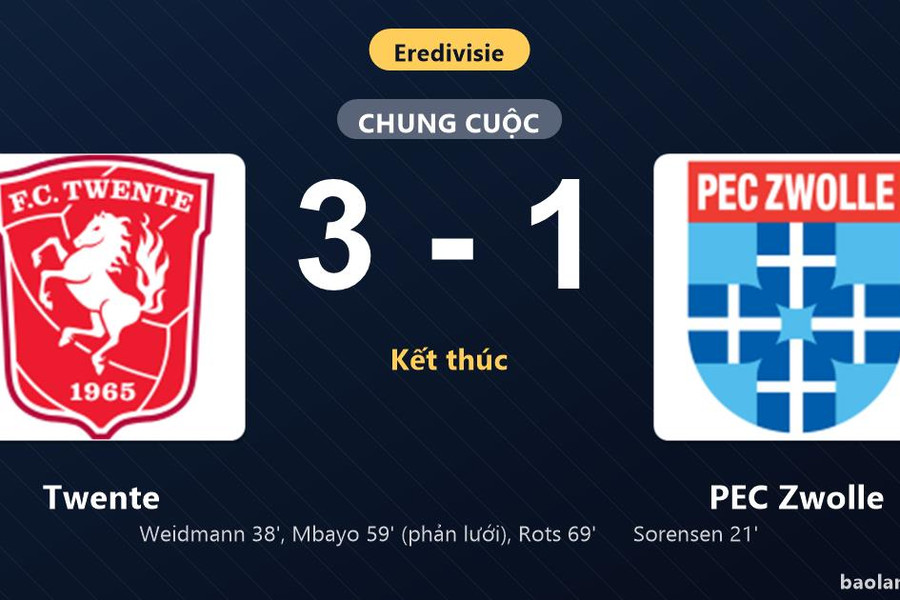 Thống kê trận đấu Twente 3-1 PEC Zwolle: Twente ngược dòng ngoạn mục