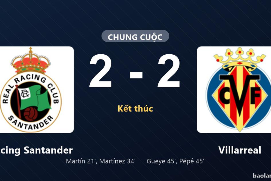 Thống kê trận đấu Racing Santander 2-2 Villarreal: Màn rượt đuổi tỷ số mãn nhãn