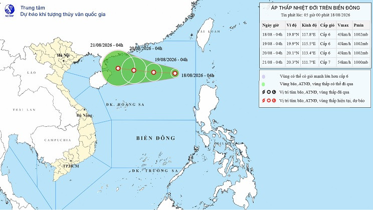 Áp thấp nhiệt đới trên Biển Đông ngày 18/8/2026: Gió giật cấp 8, sóng cao tới 3,5m