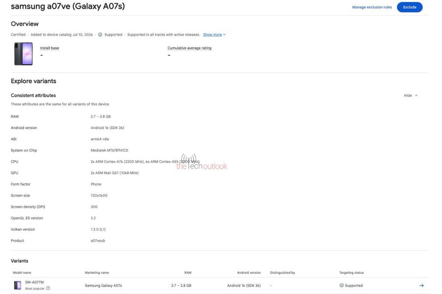 Samsung Galaxy A07s 4G lộ diện thông số kỹ thuật trên Google Play Console với chip Helio G99