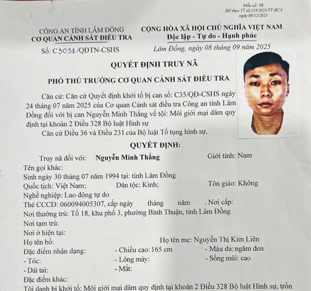Công an Lâm Đồng truy nã đối tượng môi giới mại dâm