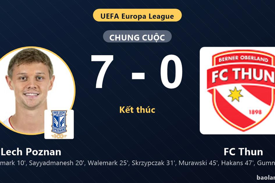 Lech Poznan hủy diệt FC Thun tại vòng play-offs UEFA Europa League trên sân Enea Poznań
