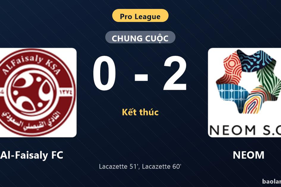 Thống kê trận đấu Al-Faisaly FC 0-2 NEOM: A. Lacazette tỏa sáng, NEOM giành trọn 3 điểm