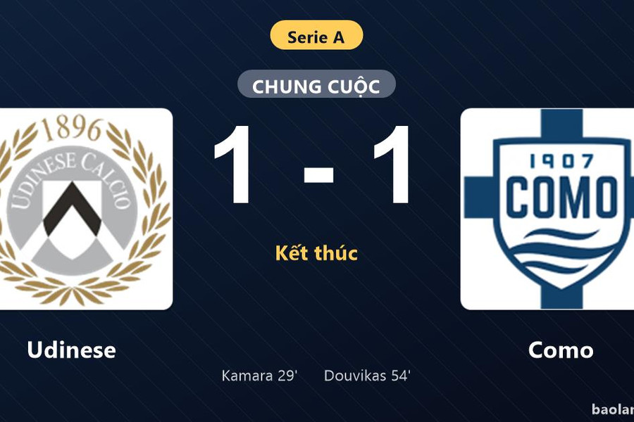 Thống kê trận đấu Udinese 1-1 Como: Hai đội chia điểm