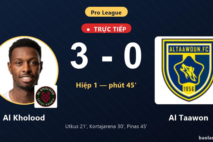 Trực tiếp Al Kholood vs Al Taawon: Hết hiệp 1, Al Kholood dẫn 3-0