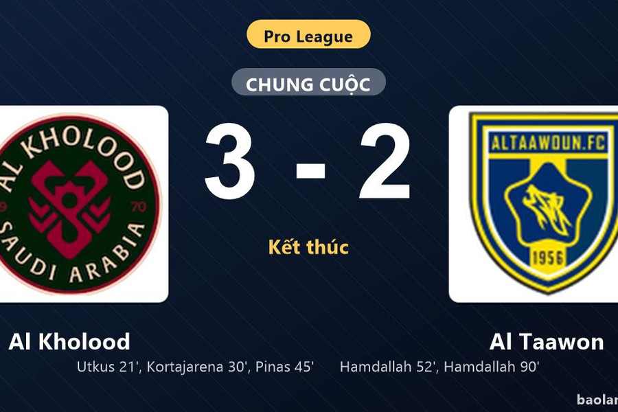 Thống kê trận đấu Al Kholood 3-2 Al Taawon: S. Pinas tỏa sáng, Al Kholood giành trọn 3 điểm