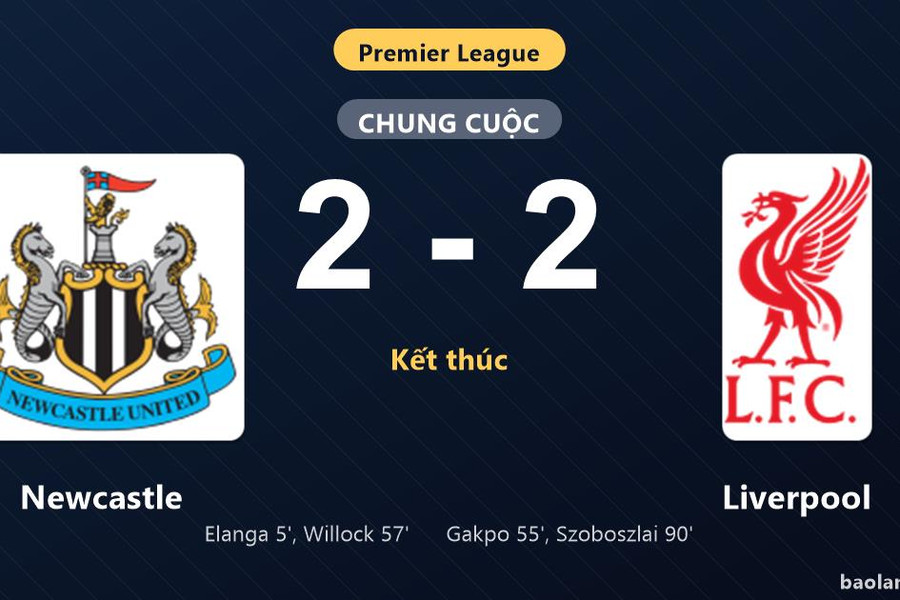 Thống kê trận đấu Newcastle 2-2 Liverpool: Màn rượt đuổi tỷ số mãn nhãn