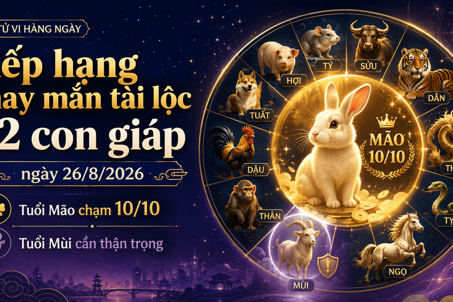 Xếp hạng may mắn 12 con giáp ngày 26/8/2026: Tuổi Mão chạm 10 điểm, tuổi Mùi cần thận trọng lời nói