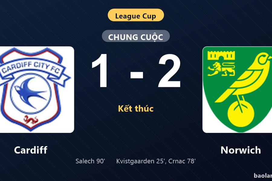 Thống kê trận đấu Cardiff 1-2 Norwich: A. Crnac tỏa sáng, Norwich giành chiến thắng, đi tiếp