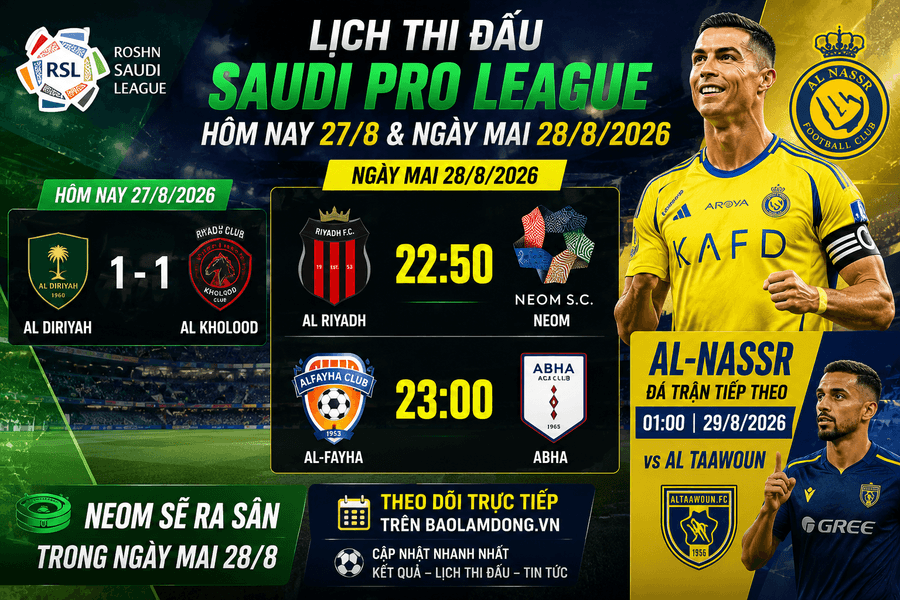 Lịch thi đấu Saudi Pro League hôm nay 27/8 và ngày mai 28/8/2026: NEOM ra sân, Al-Nassr đá ngày 29/8