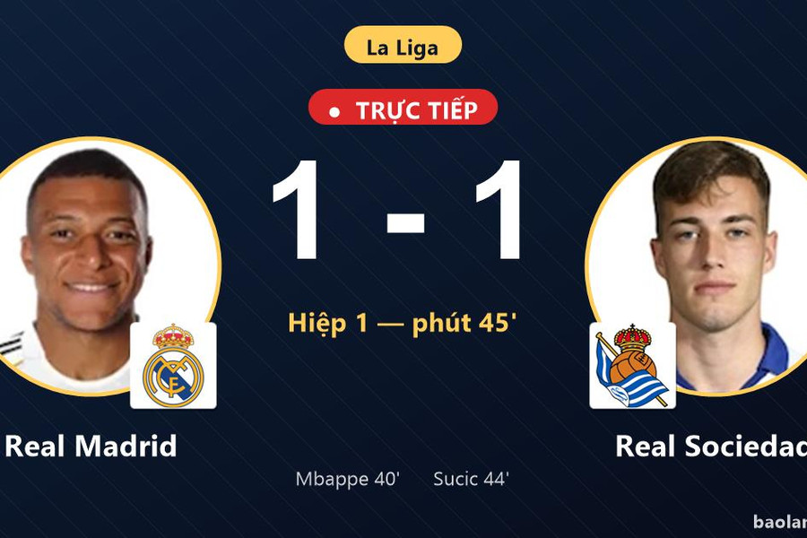 Trực tiếp Real Madrid vs Real Sociedad: Hiệp 2 bắt đầu, hòa 1-1