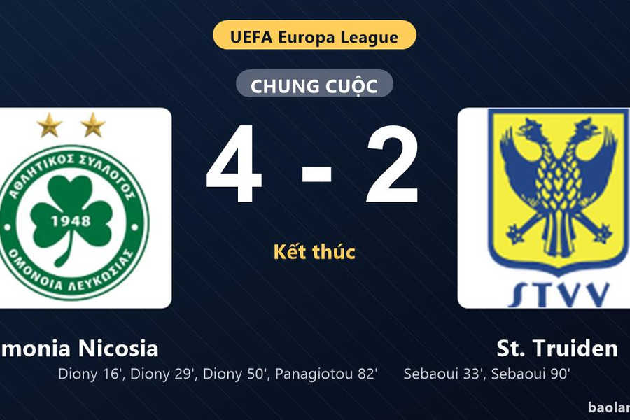 Thống kê trận đấu Omonia Nicosia 4-2 St. Truiden: L. Diony lập hat-trick, Omonia Nicosia giành vé đi tiếp