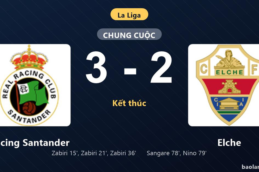 Thống kê trận đấu Racing Santander 3-2 Elche: Y. Zabiri tỏa sáng, Racing Santander giành trọn 3 điểm