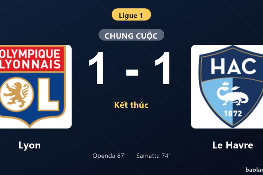 Thống kê trận đấu Lyon 1-1 Le Havre: Hai đội chia điểm