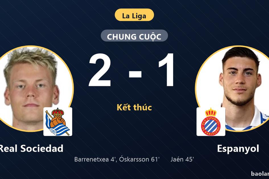 Hạ Espanyol 2-1 tại Anoeta, Real Sociedad giải tỏa áp lực ở La Liga