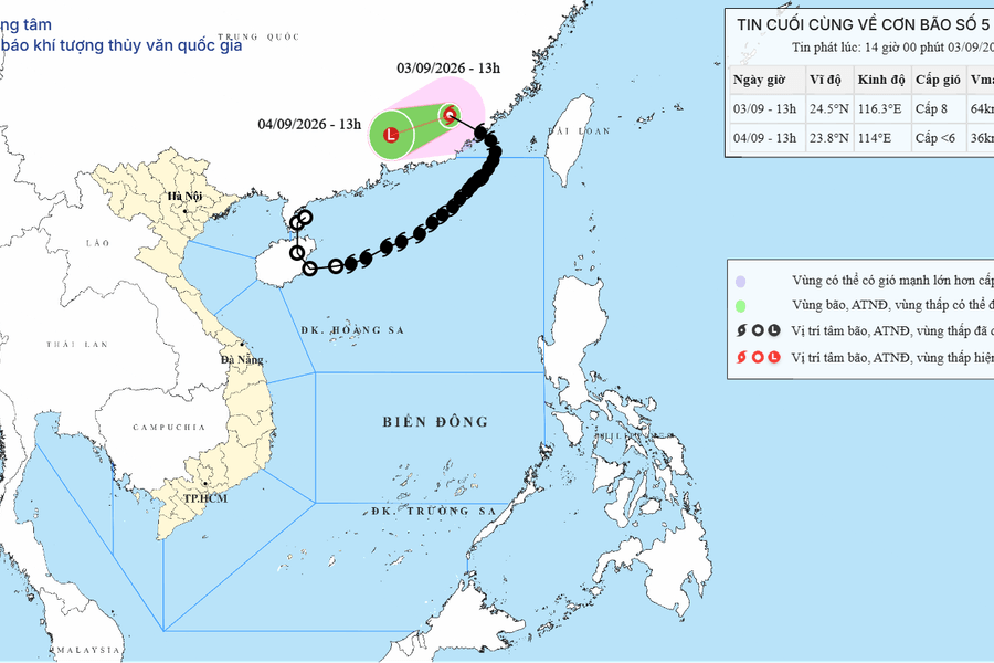 Tin cuối cùng bão số 5 ngày 03/09/2026: Bão tiến sâu vào Trung Quốc rồi suy yếu hoàn toàn