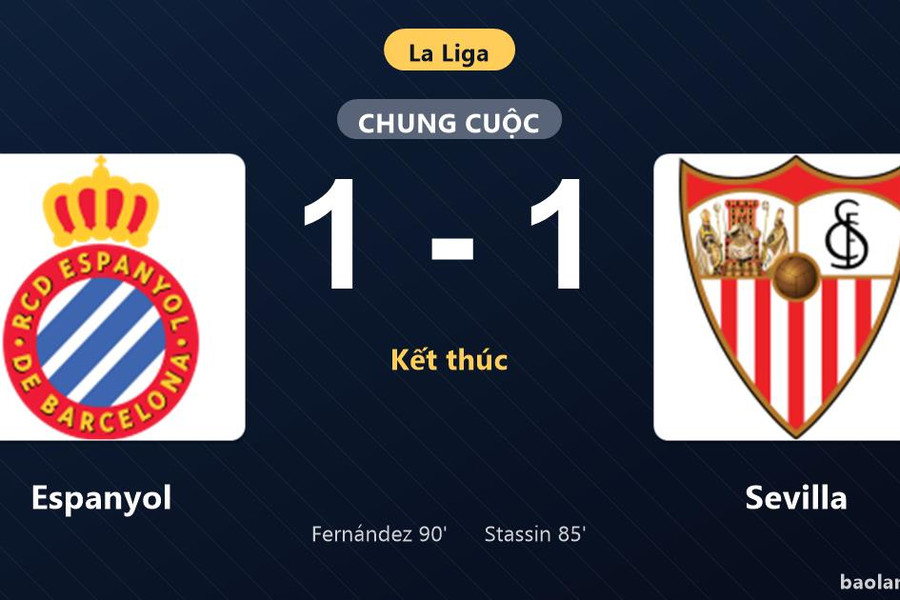 Thống kê trận đấu Espanyol 1-1 Sevilla: Hai đội chia điểm
