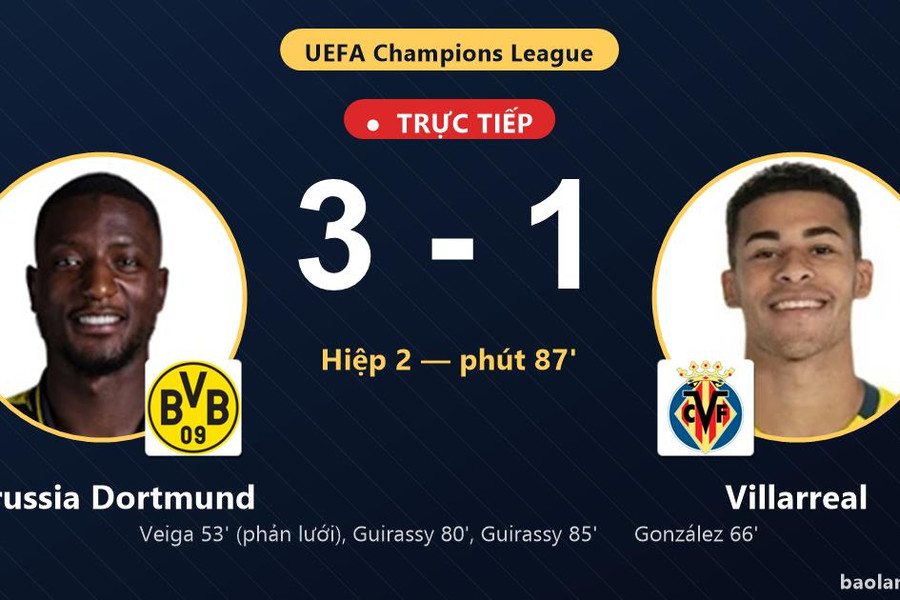 Trực tiếp Borussia Dortmund vs Villarreal: Borussia Dortmund nới rộng cách biệt 3-1