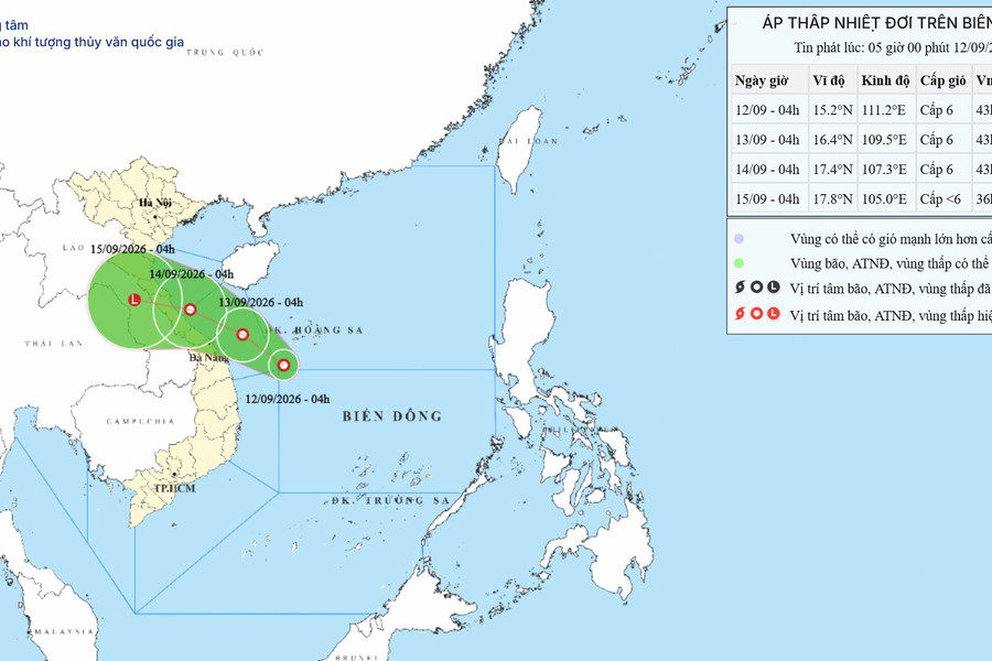 Cảnh báo áp thấp nhiệt đới trên Biển Đông ngày 12/09/2026: Gió giật cấp 8, biển động mạnh