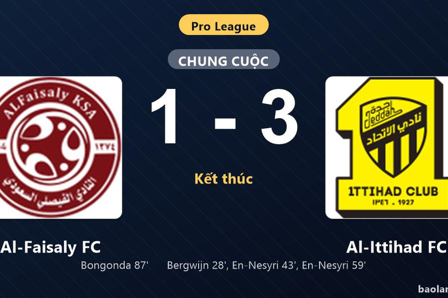 Thống kê trận đấu Al-Faisaly FC 1-3 Al-Ittihad FC: Youssef En-Nesyri tỏa sáng, Al-Ittihad FC giành trọn 3 điểm