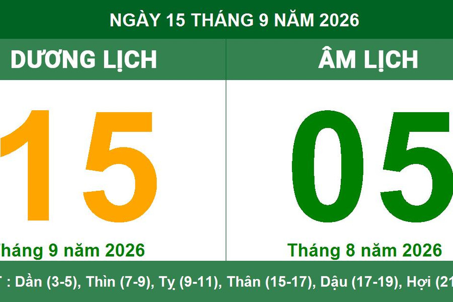 Thông tin Âm Dương lịch ngày 15/09/2026: Chi tiết giờ hoàng đạo và tuổi xung khắc cần lưu ý